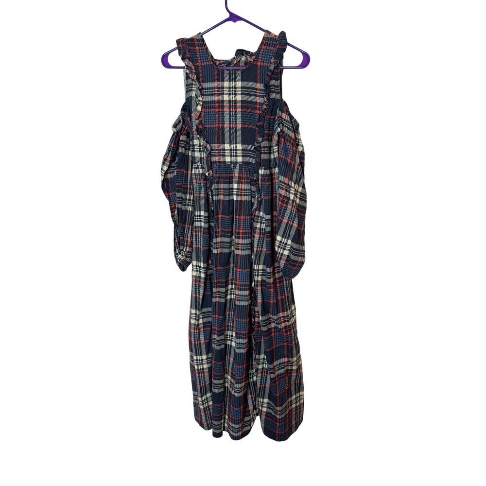 Damson Madder Dress Womens UK8 US 4 Navy Red Plaid Ruffle Sleeve Maxi Cotton